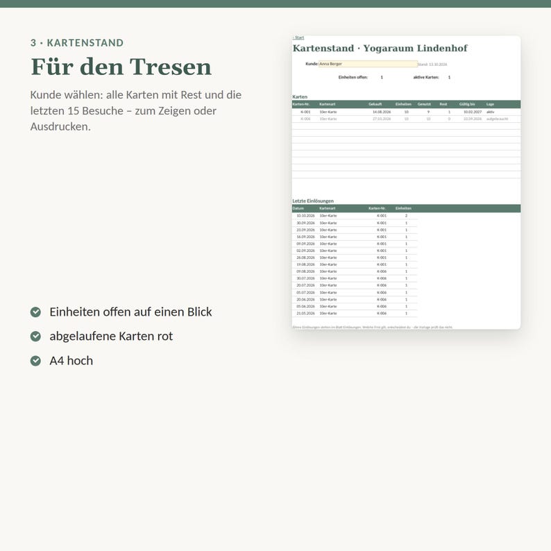 10er Karte Vorlage Excel | Zehnerkarte und Gutschein Vorlage verwalten, Restguthaben, Kartenstand | Yoga Studio, Kursleiter, ohne Makros Bild 4