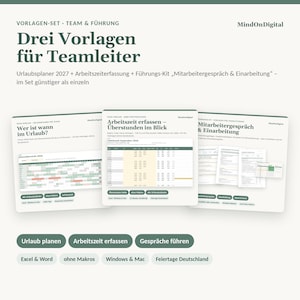 Op de afbeelding: Een digitale sjablonenset voor teamleiders van MindOnDigital, bestaande uit drie documenten: een vakantieplanner voor 2027, een urenregistratieblad en een leiderschapskit voor personeelsgesprekken en inwerken in een strakke lay-out.