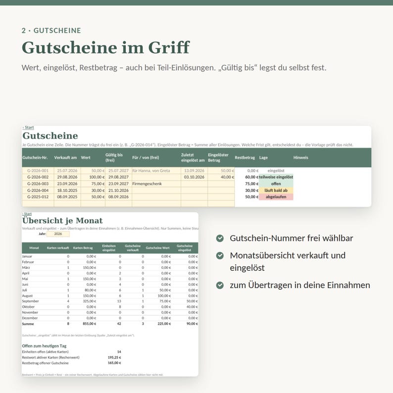 10er Karte Vorlage Excel | Zehnerkarte und Gutschein Vorlage verwalten, Restguthaben, Kartenstand | Yoga Studio, Kursleiter, ohne Makros Bild 3
