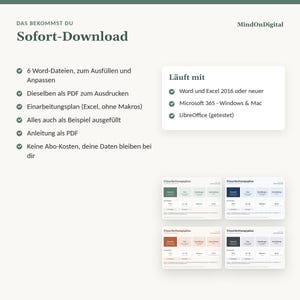May include: A digital download product information sheet by MindOnDigital featuring a list of six Word and PDF files, an Excel onboarding plan, and instructions. It includes compatibility details for Word, Excel, Microsoft 365, and LibreOffice.