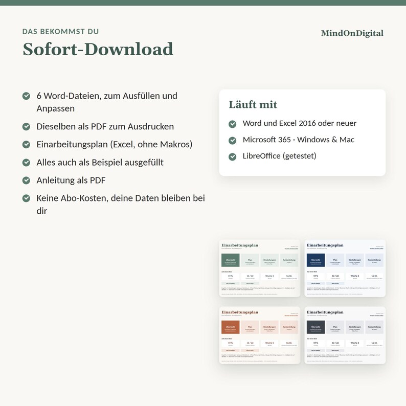 May include: A digital download product information sheet by MindOnDigital featuring a list of six Word and PDF files, an Excel onboarding plan, and instructions. It includes compatibility details for Word, Excel, Microsoft 365, and LibreOffice.