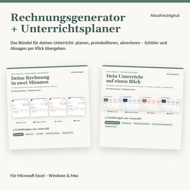 Excel-sjabloonset voor muziekdocenten en -begeleiders | Factuursjabloon § 19 UStG + Lesplanner | Windows & Mac afbeelding 1