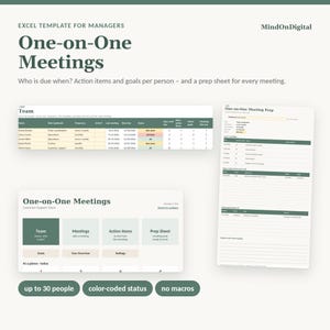 One on One Meeting Template for Managers | Excel Tracker for 1:1 Check-ins, Action Items and Goals | Team Leader, No Macros