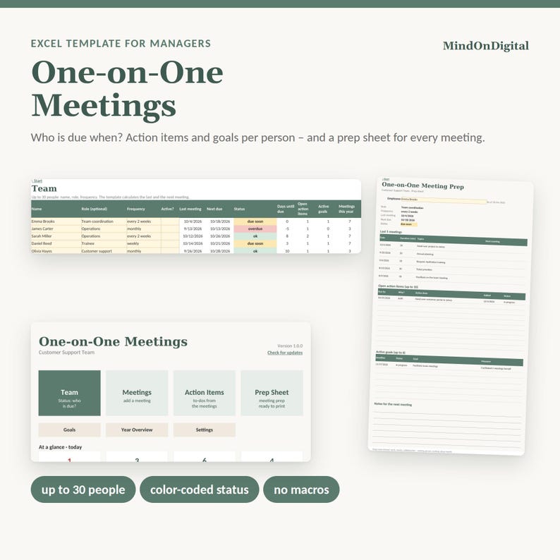 One on One Meeting Template for Managers | Excel Tracker for 1:1 Check-ins, Action Items and Goals | Team Leader, No Macros image 1