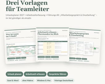 Excel und Word Vorlagen Set für Teamleiter | Urlaubsplaner 2027, Arbeitszeiterfassung, Mitarbeitergespräch, Einarbeitungsplan