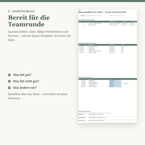 May include: A white A4 document titled Quartalsblick Q1 2027 Team Vertrieb S&uuml;d featuring tables for quarterly goals, milestones, and appointments, with sections for team review questions including Was lief gut, Was lief nicht gut, and Was &auml;ndern wir.