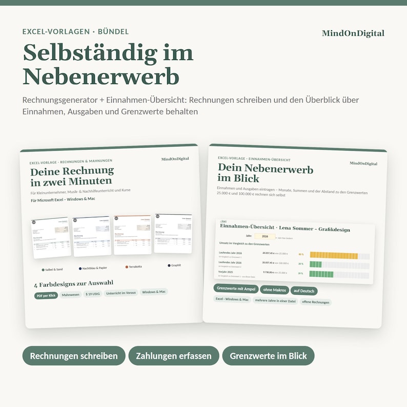 Excel Template Set for Self-Employed Part-Time Jobs | Invoice Template for Small Businesses + Income Overview with Thresholds | Windows & Mac image 1
