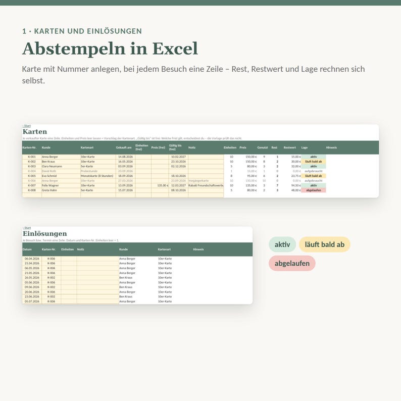10er Karte Vorlage Excel | Zehnerkarte und Gutschein Vorlage verwalten, Restguthaben, Kartenstand | Yoga Studio, Kursleiter, ohne Makros Bild 2