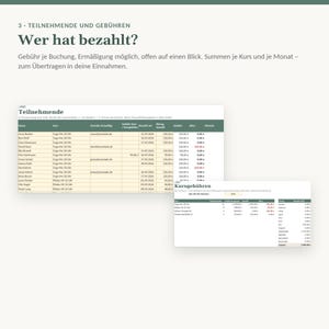 Anwesenheitsliste Excel für Kurse | Kursverwaltung, Teilnehmerliste, Kursgebühren bezahlt/offen | Kursleiter Yoga, Musik, Nachhilfe Bild 2