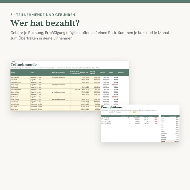 Anwesenheitsliste Excel für Kurse | Kursverwaltung, Teilnehmerliste, Kursgebühren bezahlt/offen | Kursleiter Yoga, Musik, Nachhilfe Bild 2