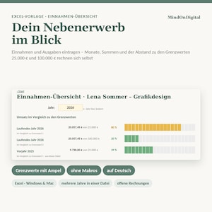 Einnahmen-Übersicht Excel Kleinunternehmer Paragraf 19 UStG | Grenzwerte 25000 und 100000 Euro mit Ampel | Nebenerwerb, ohne Makros Bild 1