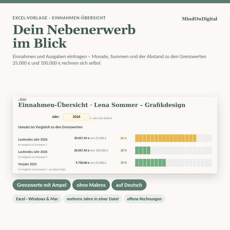 Einnahmen-Übersicht Excel Kleinunternehmer Paragraf 19 UStG | Grenzwerte 25000 und 100000 Euro mit Ampel | Nebenerwerb, ohne Makros Bild 1
