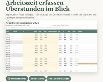 Time tracking 2027 Excel | Overtime account, breaks, vacation | Public holidays in Germany, all federal states | No macros required