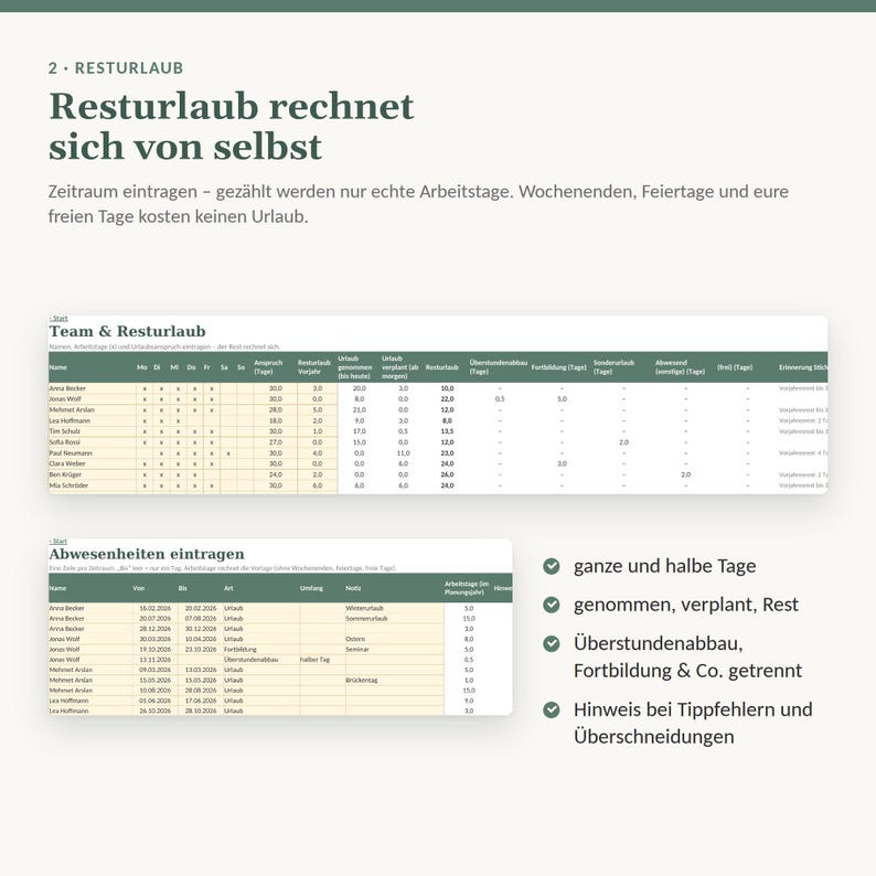 Vacation Planner 2027 Excel for Teams | Public Holidays in all 16 German States | Remaining Vacation Days, Half Days | No Macros Required image 3