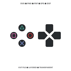 May include: A digital graphic featuring four circular game controller buttons with a green triangle, pink square, red circle, and blue cross, alongside a black directional pad. Text at the top reads SVG PNG PDF EPS DXF.