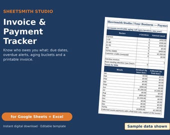 Invoice Tracker Spreadsheet and Printable Invoice Template for Google Sheets & Excel, Accounts Receivable Aging, Partial, Overdue Payments