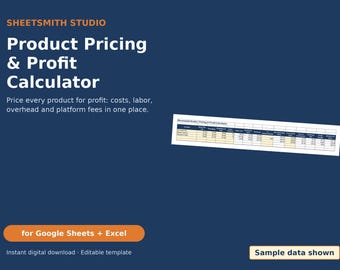 Product Pricing Calculator Spreadsheet for Google Sheets & Excel, Craft and Handmade Pricing Template, Seller Fee, Profit Margin, Break Even
