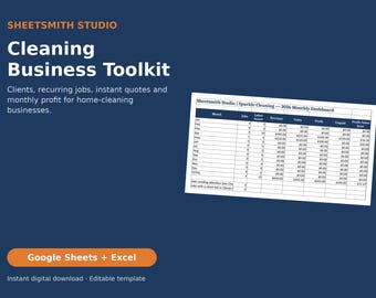 Cleaning Business Spreadsheet Template, Google Sheets & Excel, House Cleaning Pricing Calculator, Quote, Client, Job Log, Profit Dashboard