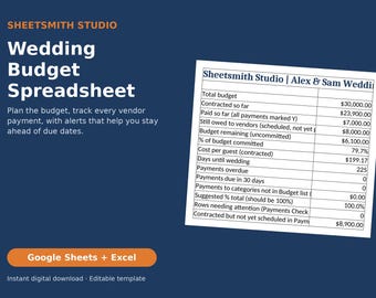 Wedding Budget Spreadsheet Template, Google Sheets & Excel, Wedding Budget Planner, Vendor Payment Tracker, Due Date Alerts, Cost Per Guest