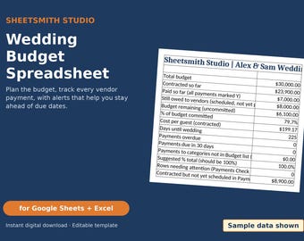 Wedding Budget Spreadsheet Template for Google Sheets & Excel, Wedding Budget Planner and Vendor Payment Tracker, Due Date Alerts, Per Guest