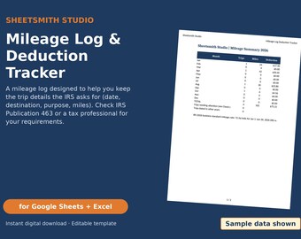 Mileage Log Template 2026 for Google Sheets & Excel, Mileage Tracker Spreadsheet, Printable Mileage Log for Taxes, 2026 IRS Rates