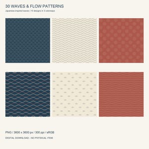 以下が含まれることがあります： 30 WAVES & FLOW PATTERNSと題されたデジタルコレクションで、3色のカラーバリエーションで10種類のデザインが含まれています。ダークブルー、クリーム、テラコッタレッドの背景に、波、ドット、水平線の幾何学模様が配置されています。