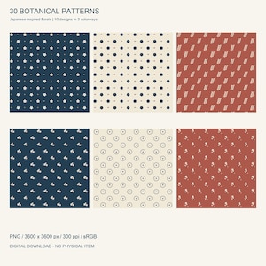 May include: A digital collection titled 30 BOTANICAL PATTERNS featuring Japanese-inspired florals with 10 designs in 3 colorways. The image displays six square swatches with repeating floral and geometric motifs in navy, cream, and terracotta red.