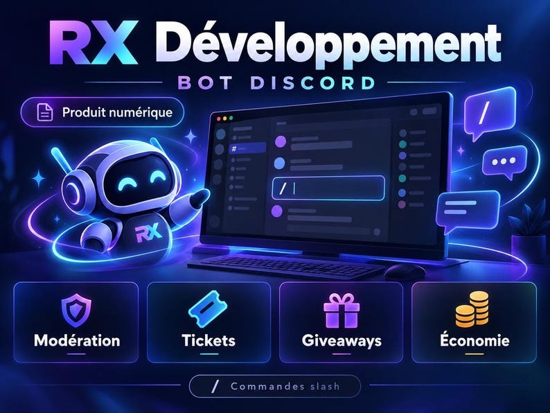 K&ouml;nnte beinhalten: Eine digitale Produktwerbung f&uuml;r einen Discord-Bot namens RX D&eacute;veloppement. Die Grafik zeigt einen kleinen wei&szlig;en Roboter, einen Computermonitor mit einer Befehlsoberfl&auml;che und vier leuchtende Symbole f&uuml;r Moderation, Tickets, Giveaways und Wirtschaft.