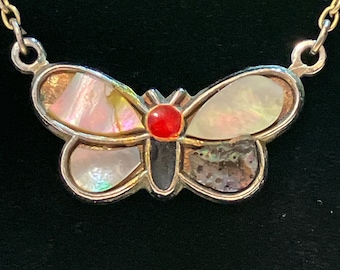 Vintage Cracked Enamel & Abalone Butterfly 1970