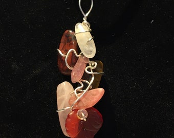 Rose Quartz, Rhodochrosite, Tourmaline, Tiger Eye, Mahogany Obsidian and Moonstone Confidence and Love Pendant OOAK