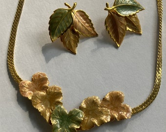 Vintage Enamel Leaf Necklace and Earrings