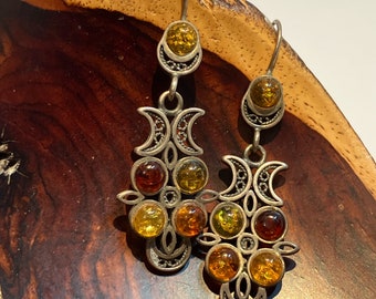 Vintage Multicolor Amber and Filigree Moon Sterling Silver Earrings