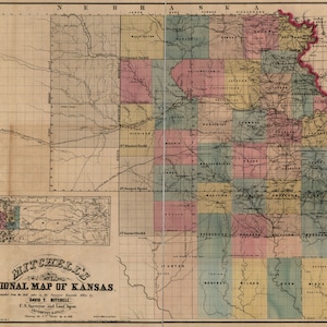 Könnte beinhalten: Eine Vintage-Karte von Kansas, unterteilt in Countys, mit den County-Namen in schwarzer Schrift. Die Karte ist auf cremefarbenem Papier mit einem Rastermuster gedruckt. Die Karte trägt den Titel "Mitchell's Sectional Map of Kansas" und enthält den Namen "David T. Mitchell, U.S. Surveyor and Land Agent,  Observing at Lawrence, Kansas."