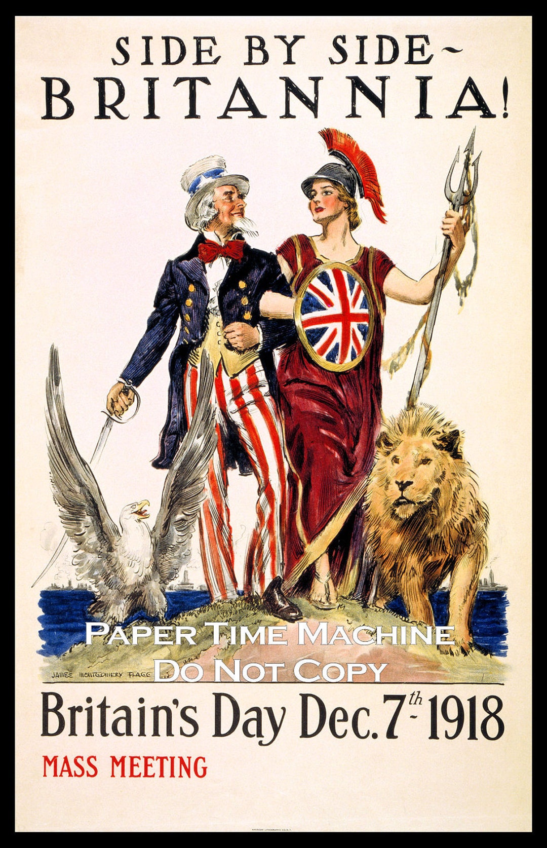 Britain's Day Britannia & Uncle Sam WWI Vintage Art Print