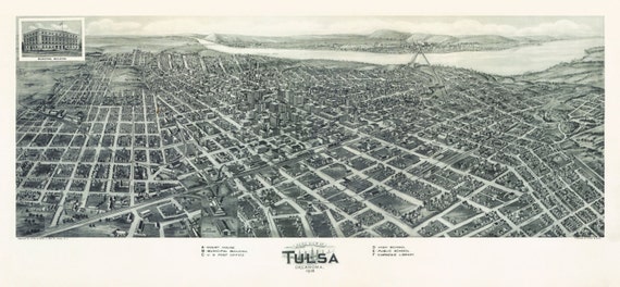 1918 Tulsa Oklahoma Vintage Old Panoramic City Map 18x36