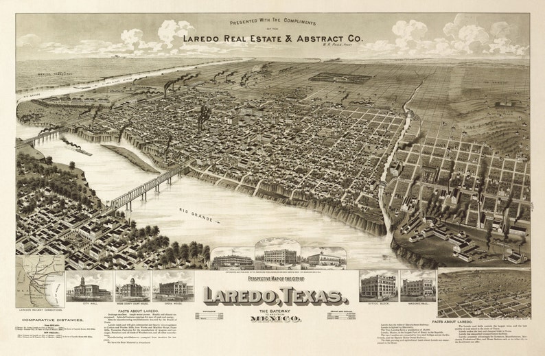LAREDO TEXAS 1890 Bird's Eye View Panoramic Map Digitally Remastered Poster Digital Download Etsy