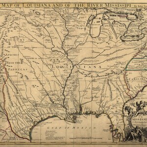 1721 Carte du territoire louisianais montrant le Mississippi River DIGITAL DOWNLOAD Carte très tôt de l’Amérique coloniale montrant des tribus indiennes