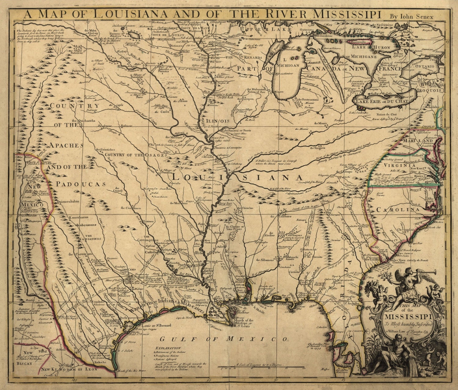 1721 Map of LOUISIANA Territory Showing Mississippi River DIGITAL DOWNLOAD  Very Early Map of Colonial America Showing Indian Tribes