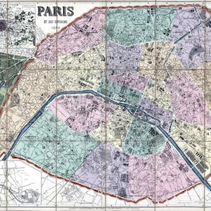 Mapa de PARIS França Mapa antigo de 1870 digitalmente remasterizado pôster download digital