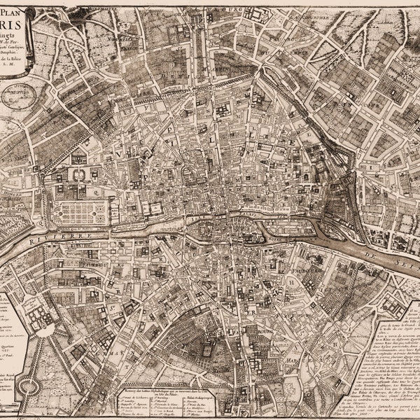 Plan de PARIS France 1705 Antique Map Digitally Remastered Poster Digital Download