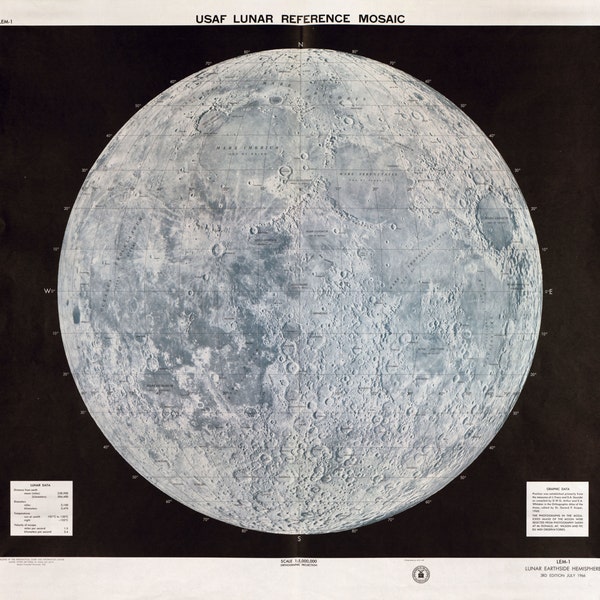 1966 USAF Moon Map DIGITAL DOWNLOAD Nasa Apollo Program Era Lunar Earthside Hemisphere Air Force Lunar Reference Mosaic