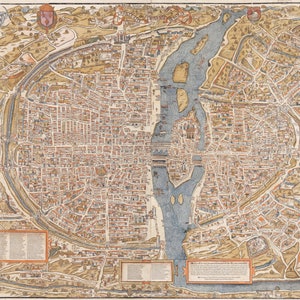 Plan de París Mapa del siglo XVI de París en color antiguo antiguo coloreado a mano perspectiva vista de pájaro detallada descarga digital imprimible