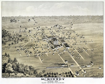 McKINNEY TEXAS 1876 Bird&#39;s Eye View Panoramic Map Digitally Remastered Poster Digital Download