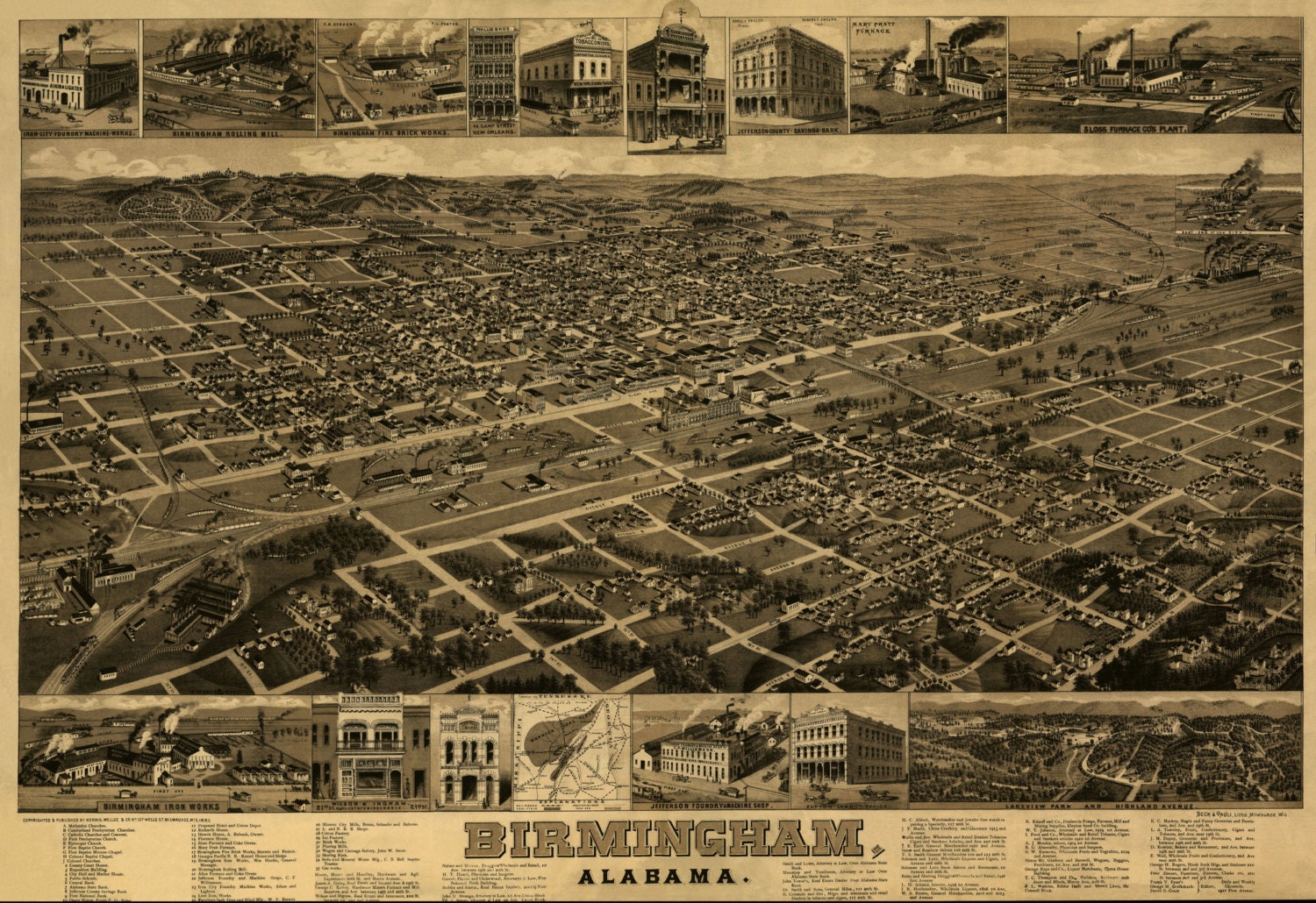 BIRMINGHAM ALABAMA 1885 Bird’s Eye View Panoramic Map Digitally Remastered Poster Digital Download
