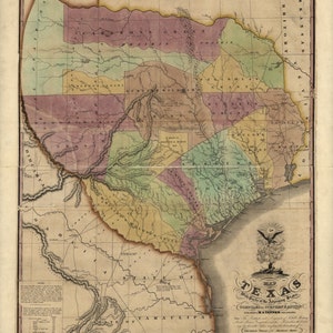 以下が含まれることがあります： 1851 年のテキサス州のヴィンテージマップで、さまざまな郡と土地のグラントを示しています。マップは緑、黄、ピンク、茶色の色合いで着色されています。マップのタイトルは「テキサス州の地図、隣接する州の一部を含む、スティーブン・オースティン編」です。