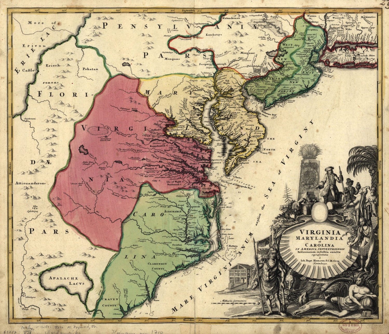 1710 Map of Virginia Maryland Carolina and Indian Tribes DIGITAL DOWNLOAD Very Early Map of Colonial America