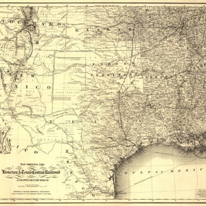 May include: A vintage map showing the Houston & Texas Central Railroad and its connections. The map shows the states of Colorado, Kansas, Arkansas, Indian Territory, New Mexico, and Texas. The map is printed on a cream-colored paper with black ink.