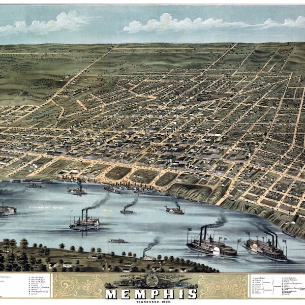 Memphis Tennessee 1870 Bird's Eye View Panoramic Map Digitally Remastered Poster Digital Download