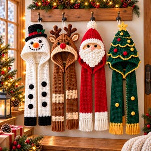 May include: Four crochet hooded scarves hanging on hooks. The first is a white snowman with a black hat, the second a brown reindeer with antlers, the third a red Santa Claus with a white beard, and the fourth a green Christmas tree with a yellow star.