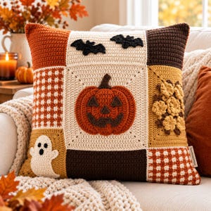 Halloween Crochet Pillow Pattern PDF - Vintage Patchwork Cushion with Pumpkin, Ghost, Bats and Gingham for Cozy Fall Home Decor